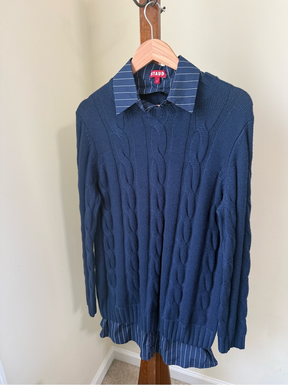 STAUD Navy Cable-Knit Crewneck Sweater Dress